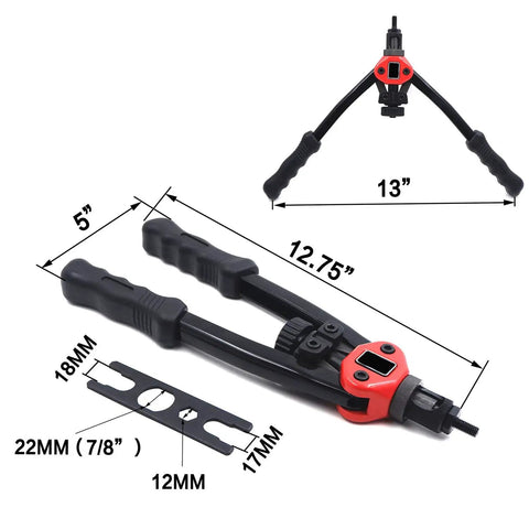Hand Nut Riveter Kit With Quick Change Head, 330mm Reach, SAE And Metric, close-up of 13" arm span and components displayed