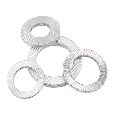 Double Deck Wedge Lock Washers Pack Of Twenty 304 Stainless Steel Self Locking Hardware Heavy Duty Vibration Proof Fasteners For Nuts And Bolts M6 Through M12, showing various sizes.
