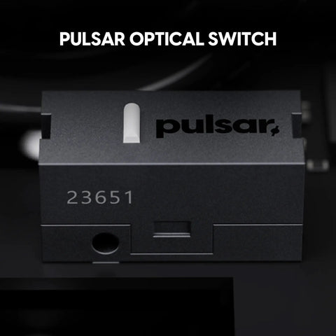 Pulsar Optical Switch close-up for Ultra Lightweight Wireless Gaming Mouse Featuring CrazyLight Tech Featherweight 39g Build.