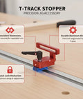 Beefy, Rock Solid T Track Aluminum Stopper Jig on table, showing quick-lock mechanism and precision-engineered design.