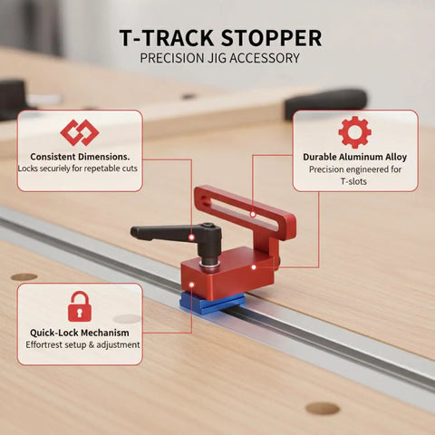 Beefy, Rock Solid T Track Aluminum Stopper Jig on table, showing quick-lock mechanism and precision-engineered design.