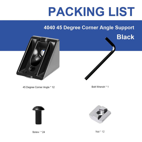 12 Pack 4040 45 Degree Inside Corner Angle Support Bracket For Aluminum Extrusion 40x40 T Slot And V Slot Black With Nuts And Screws Ideal For DIY Frames Enclosures And Custom Builds Pro Grade packing list with bracket, bolt wrench, screws, and nuts