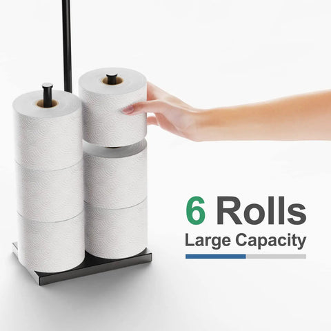 Hand reaching for toilet paper on Free Standing Toilet Paper Holder With Shelf For Bathroom Holds Seven Rolls Total With One In Use And Six In Reserve Black Dispenser And Storage Stand For Easy Access No More Runouts Perfect Space Saver.