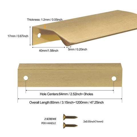 Dimensions of Bronze Aluminum Edge Finger Cabinet Pulls Set Of Two 80mm Hidden Drawer Pulls, includes screw size details.