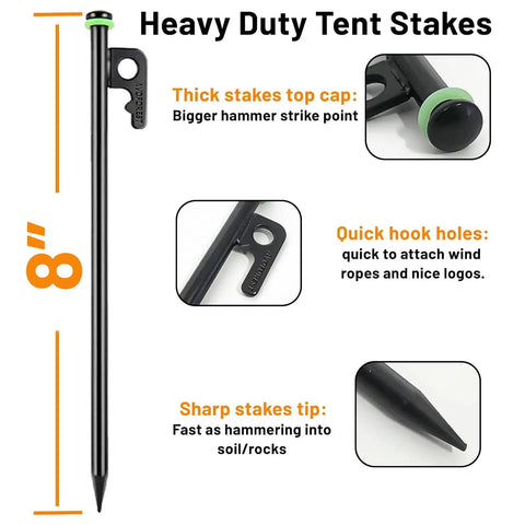 Heavy Duty 8 Inch Tent Stakes Set With Metal Pegs Fluorescent Silicone Rings And Storage Bag For Camping Built Tough Durable Forged Steel Corrosion Resistant Sharp Point For Strong Holding Power In Tough Ground, features labeled