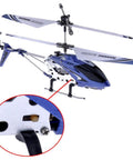 S107G 3 Channel RC Helicopter Gyro Brushed Motor LiPo Battery Powered Easy To Fly For Beginners, blue color with close-up switch detail