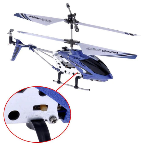 S107G 3 Channel RC Helicopter Gyro Brushed Motor LiPo Battery Powered Easy To Fly For Beginners, blue color with close-up switch detail
