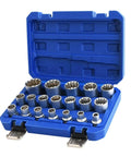 Heavy Duty Spline Socket Set One Half Inch Drive Universal Metric 8 To 32 Millimeter 12 Point Chrome Vanadium Socket Set 19 Pieces For High Torque Applications in blue case.