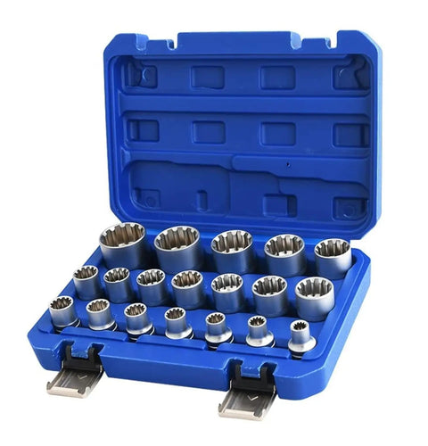 Heavy Duty Spline Socket Set One Half Inch Drive Universal Metric 8 To 32 Millimeter 12 Point Chrome Vanadium Socket Set 19 Pieces For High Torque Applications in blue case.