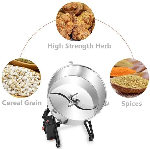 High Speed Electric Grain Mill Grinder Pulverizer For Kitchen Use, Vertical Design, with grains and spices shown