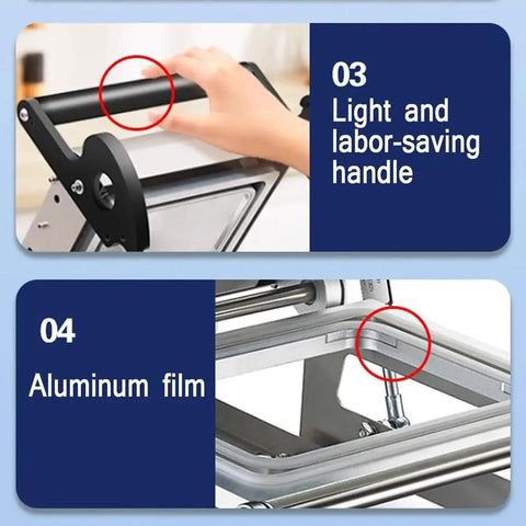 Rock Solid Semi Automatic Tray Food Sealer For Restaurants Kickin Manual Lunchbox Packaging Machine Pro Grade handle and aluminum film details.