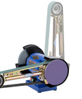Level Up Your Garage Operation With This Hardcore One Horsepower Belt Sander And Bench Grinder Combo Built For All Day Long Grinding Sessions Featuring A 2 By 48 Inch Wide Sanding Belt And Zero Friction Auto Tension System Delivering Pro Results showing the rotating abrasive belt and grinding wheel.