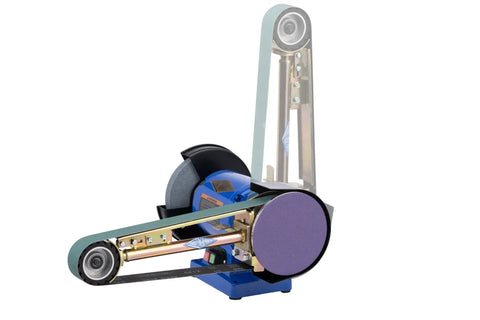 Level Up Your Garage Operation With This Hardcore One Horsepower Belt Sander And Bench Grinder Combo Built For All Day Long Grinding Sessions Featuring A 2 By 48 Inch Wide Sanding Belt And Zero Friction Auto Tension System Delivering Pro Results showing the rotating abrasive belt and grinding wheel.