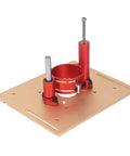 Precision Router Lift System For Woodworking Benches Boasting Rock Solid Aluminum Build And Sweet 47 Millimeter Micro Adjustments shown from top view.
