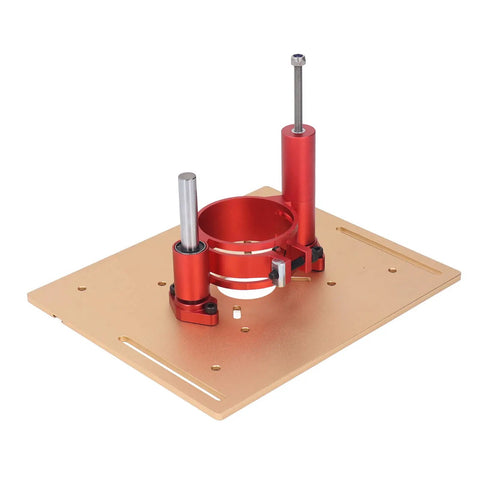 Precision Router Lift System For Woodworking Benches Boasting Rock Solid Aluminum Build And Sweet 47 Millimeter Micro Adjustments shown from top view.