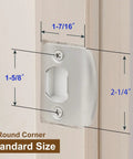 Door Latch Restorer Kit With Standard Strike Plate And Spacer Shim, installed with dimensions shown on door frame.
