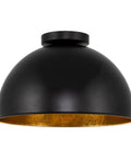 14-Inch Modern Industrial Flush Mount Ceiling Light In Black Finish With Crackled Gold Interior, Dome Shade, Vintage Style Fixture