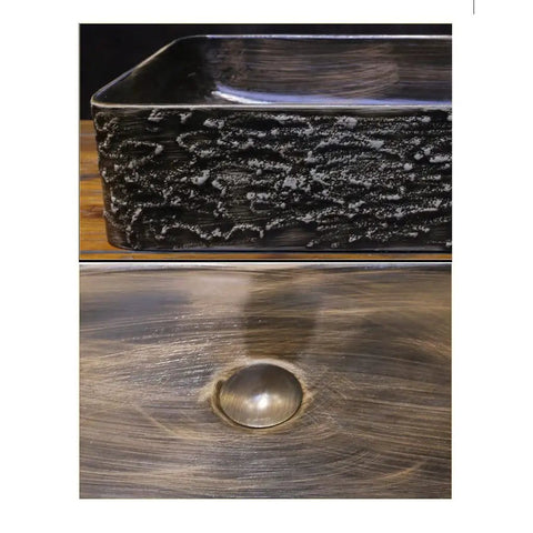 SDVantage Undermount Sink Bathroom Vanity Sink Rectangular Ceramic Washbasin with textured surface and stainless steel drain.