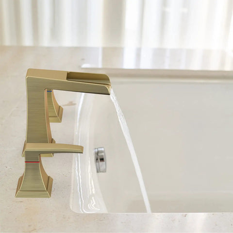 Waterfall Tub Faucet Set In Brushed Gold, Widespread 3 Hole Design With Two Handles, flowing water into bathtub