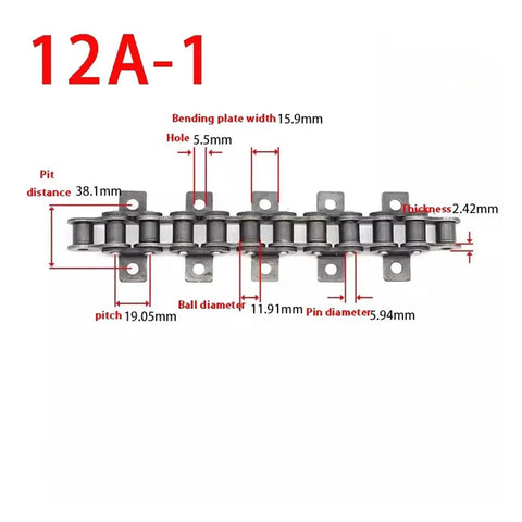 Top Notch 12A-1 Bent Plate Conveyor Roller Chain With Double Side Ear Mounting For 5 Foot Length, detailed specs on dimensions.