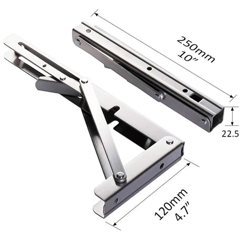 Beefy 10 Inch Folding Shelf Brackets Set of 2, stainless steel collapsible brackets, spacers, measurements shown