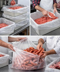 Heavy Duty 50 Pound Meat Lug Liners, 10 Pack, 4 Mil Thick Tub Liners For Meat Totes showing use with ground meat and sausages