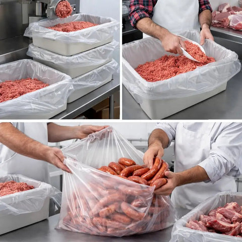 Heavy Duty 50 Pound Meat Lug Liners, 10 Pack, 4 Mil Thick Tub Liners For Meat Totes showing use with ground meat and sausages