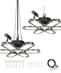 Two Pack 185W LED Garage Lights Plug In Black Hanging Shop Light With 6 Adjustable Foldable Panels Linkable For Full Coverage