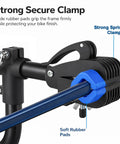 Close-up of strong secure clamp on bike repair stand with soft rubber pads, part of Bike Repair Stand For Home Mechanics And Gearheads Space Saving Bicycle Work Stand Holds Up To 44 Lbs Adjustable Non Damaging Clamp Fits 1.2 To 2.5 Inch Tubes Soft Silicone Grip Protects Finish.