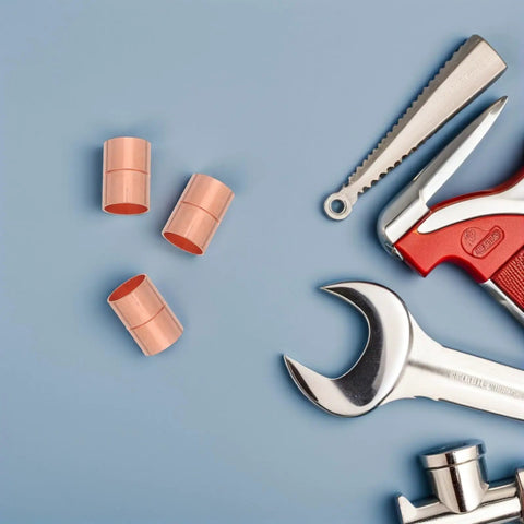 Premium Copper Coupling Fittings 0.59 Inch Straight Pipe Connectors on blue background with tools for HVAC systems.