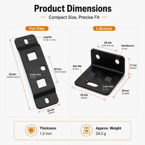 8 Or 16 Pack Quick Fit Furniture Joint Bracket Set showing flat plate and L-bracket dimensions.