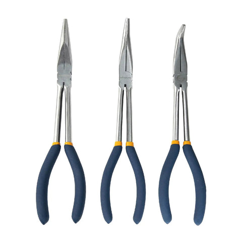11 Inch Long Reach Needle Nose Pliers Three Piece Set With Straight 45 Degree Bent And 90 Degree Bent Heads For Electrical Repair