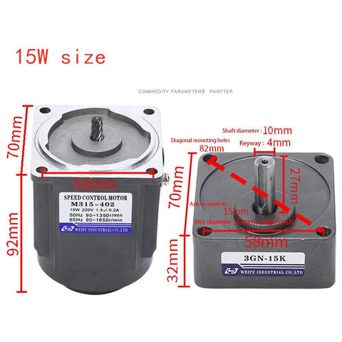 Ac Gear Reduction Motor With Adjustable Speed Controller 110V 15 Watt 0 To 125 Rpm Quiet Operation dimensions and specifications image.