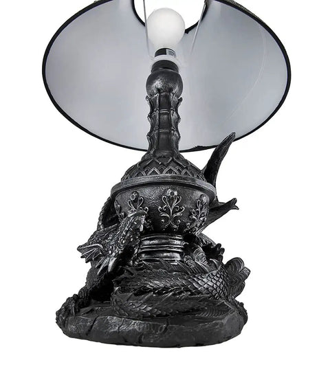 Draco Awakens Lying Dragon Lamp With Treasure Guardian Vibe, 20 Inch Tall Resin Table Light, intricate dragon base in black
