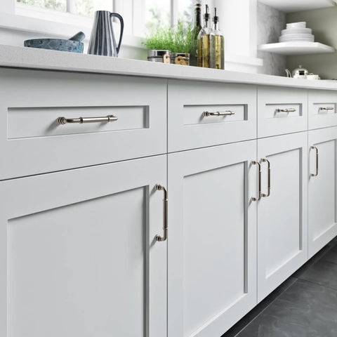 Brixton 5 1 16 Inch Center To Center Bar Pull In Brushed Satin Nickel For Cabinets And Drawers Durable Hardware With Lifetime Warranty Sleek Modern Look Easy Install And Long Lasting Finish, installed on white kitchen cabinets