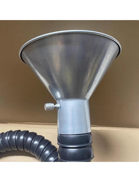Close-up of Portable Welding Fume Extractor with adjustable metal arm and flexible duct for workshop ventilation.