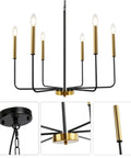 Black And Gold Modern Farmhouse 6 Light Chandelier With Rustic Industrial Metal Design for dining room, close-up of fixture.