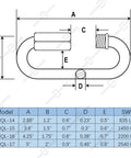 Diagram of Marine Grade Stainless Steel 316 Quick Links, dimensions specifications, and load capacities chart.