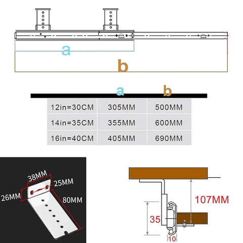 Diagram of Hella Sturdy Heavy Duty Drawer Slides dimensions with height adjustable brackets for under desk mounting.