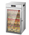 Commercial Freeze Dryer And Electric Food Dehydrator For Fruits Vegetables Meat And Seafood Stainless Steel Build, 10 trays filled with slices of fruits.