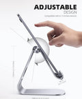 Side view of an adjustable tablet stand for 4 to 13 inch tablets and phones, showing the sleek metal design and rotation capability.