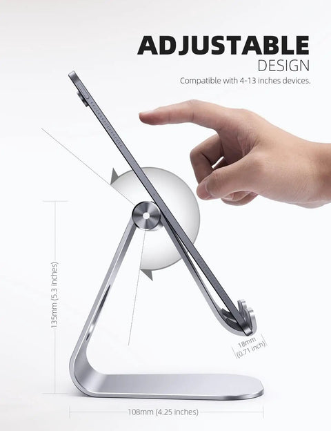 Side view of an adjustable tablet stand for 4 to 13 inch tablets and phones, showing the sleek metal design and rotation capability.