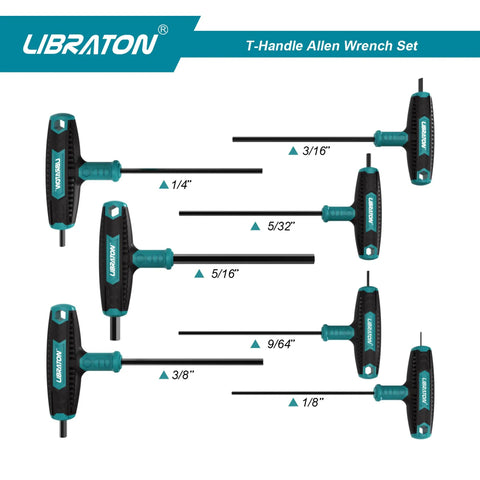 Dual End T Handle Allen Wrench Set With Chamfered Tips For Deep And Shallow Screws SAE One Eighth To Three Eighths Inch