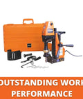 Heavy Duty Magnetic Base Drill With 1050 Watts Of Smooth Torque Power And Integrated Coolant Tank For Precision Metal Core Drilling 1.5 Inch HSS Cutter Capacity Two Inch Depth Built Tough For Grind Day Job Sites with accessories and carrying case.