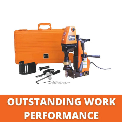 Heavy Duty Magnetic Base Drill With 1050 Watts Of Smooth Torque Power And Integrated Coolant Tank For Precision Metal Core Drilling 1.5 Inch HSS Cutter Capacity Two Inch Depth Built Tough For Grind Day Job Sites with accessories and carrying case.