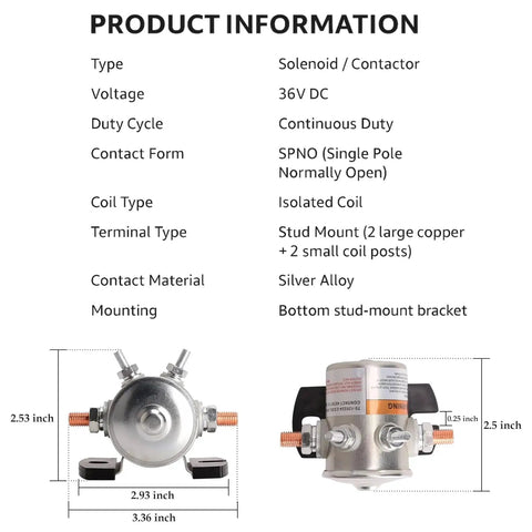 Genuine OEM 36V Solenoid Switch Relay Kit with product details including voltage, duty cycle, and dimensions for EZGO and electric vehicles.