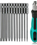 Workhorse Torx Security Screwdriver Bit Set With Easy Grip Handle Covering T6 Through T40 1/4 Inch Hex Shank set displayed with comfort grip.