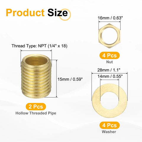 Brass Lamp Repair Hardware Kit Two Pack With 0.59 Inch NPT Threaded Brass Pipes Four Nuts And Four Washers For Lamp Assembly