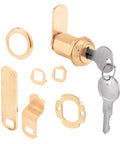Premium Drawer And Cabinet Lock Featuring Solid Diecast Housing With Sleek Brass Finish, includes keys and installation parts.