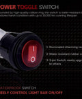 LED Light Bar Wiring Harness With Waterproof On Off Toggle Switch, close-up of red illuminated switch and rubber cover